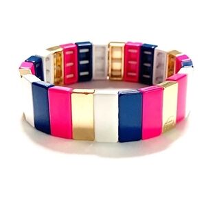 Caryn Lawn Jewelry Preppy Stripe Enameled Wide Tile Stretch 14k Gold Bracelet